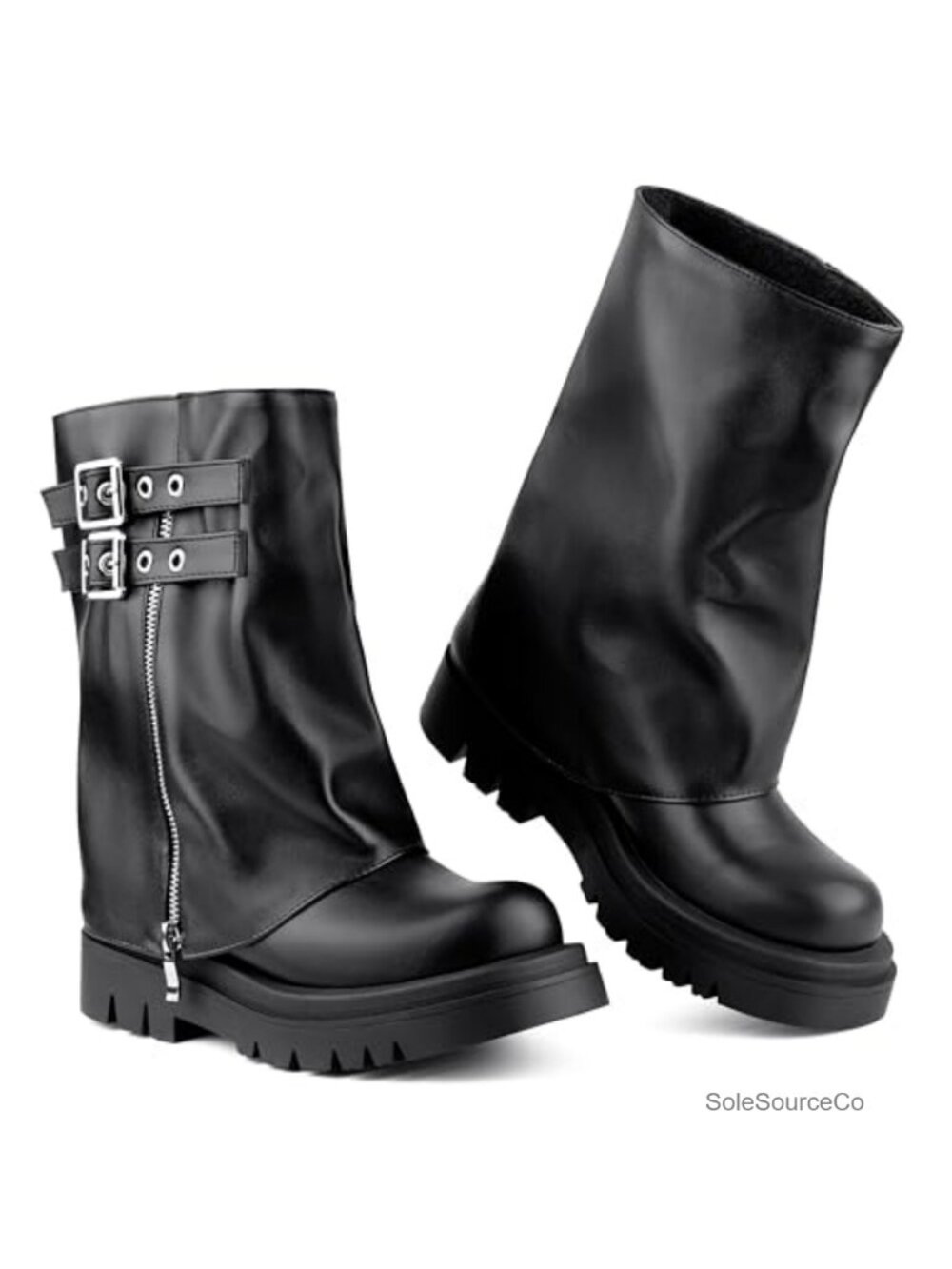 Faux Leather Fold Over Moto Biker Combat Mid Calf Boots Women Platform